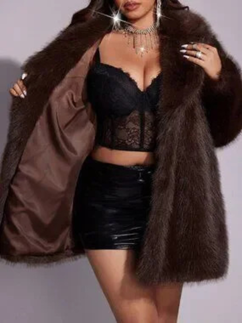Coffee Brown Women's Plus Size Lapel Neck Long Sleeve Faux Fur Coat
